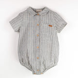 Popelin Embroidered Striped Romper Suit With Shirt Collar