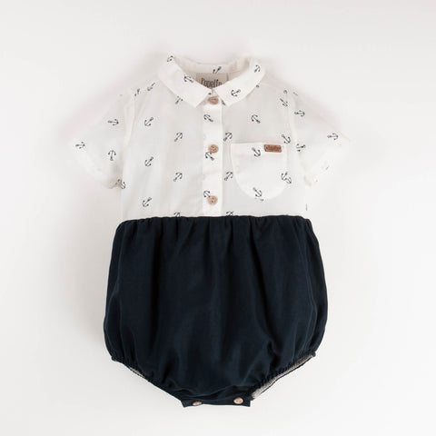 Popelin Embroidered Anchor Motif Contrasting Romper Suit