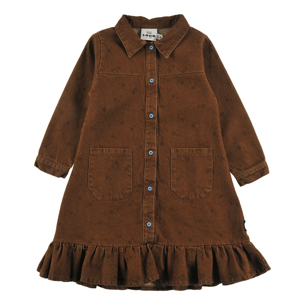 Loud Apparel Dress Loose Fit, Buttoned Front, Circle Loud Eyes Logo Print Choco, Polkadot