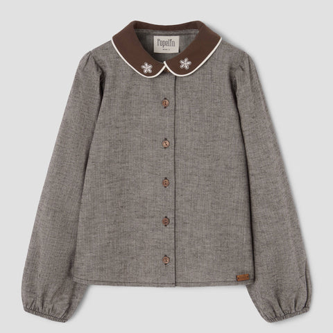 Popelin top brown herringbone with embroidered baby collar || 15.4