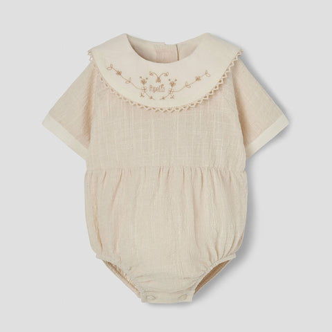 Popelin Off-White Romper Suit With Embroidered Bib Collar