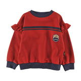 Loud Apparel Sweater Girl Relaxed Fit, Ruffle Shoulder, Mountain Embroidery Patch, Contrast Ribbing Red Washed