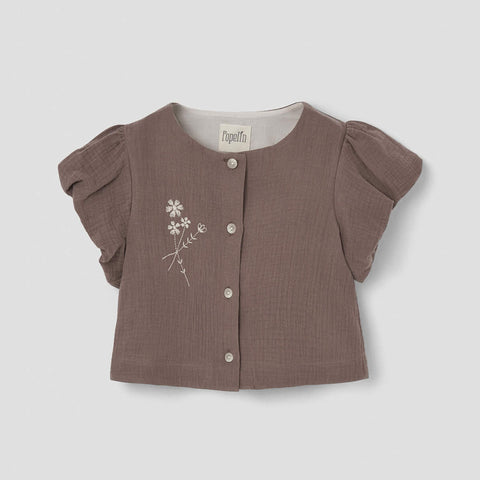 Popelin Brown Embroidered Blouse With Puffed Sleeves