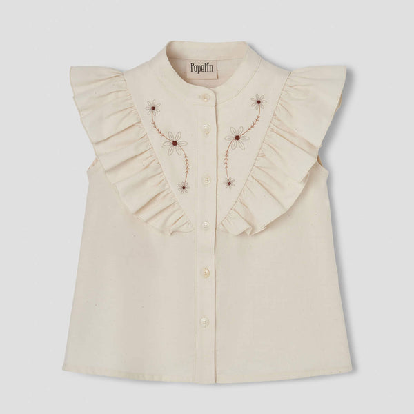 Popelin Blouse With Frill And Multicolored Embroidered Yoke ||14.2