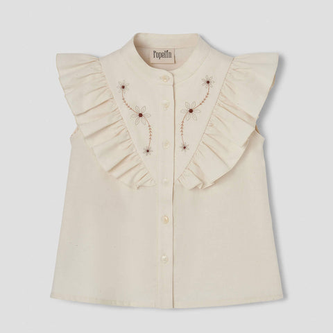 Popelin Blouse With Frill And Multicolored Embroidered Yoke