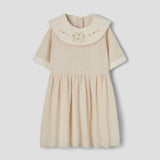 Popelin Off-White Short Dress With Embroidered Bib Collar