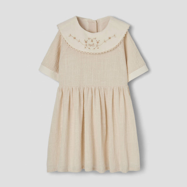 Popelin Off-White Short Dress With Embroidered Bib Collar