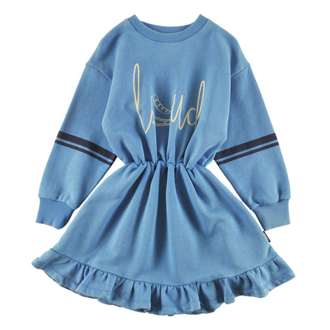 Loud Apparel Dress Elastic Waist, Ruffle Bottom, Contrast Stripe Sleeve, Loud Skate Print Malibu Blue