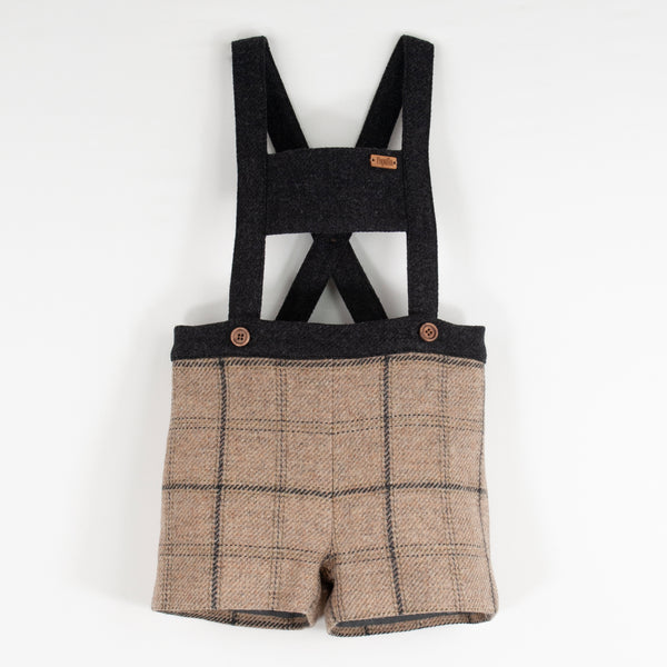 Popelin Beige Plaid Woollen Short Romper Suit