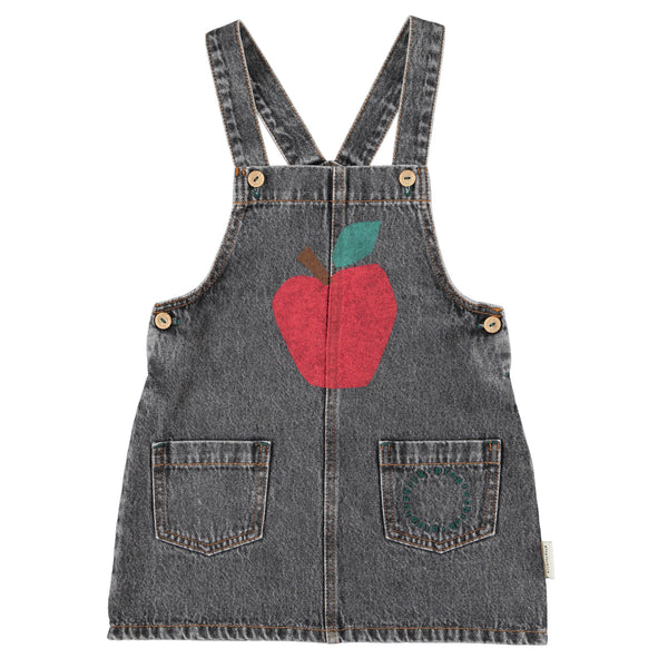 Piupiuchick Short Dress W/ Straps | Washed Black Denim W/ Apple Print