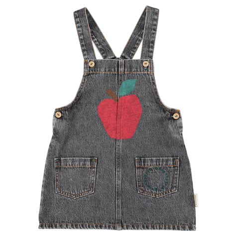 Piupiuchick Short Dress W/ Straps | Washed Black Denim W/ Apple Print