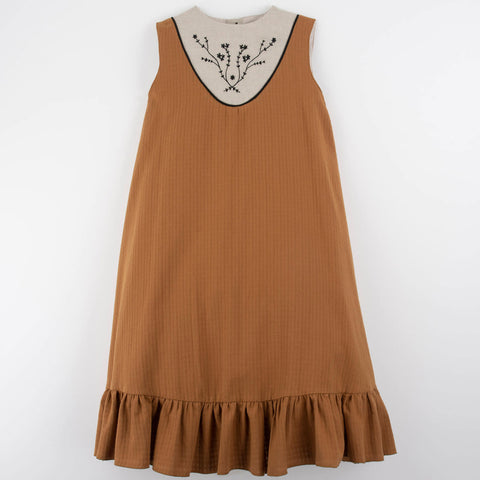 Popelin Terracotta Midi Dress With Embroidered Yoke