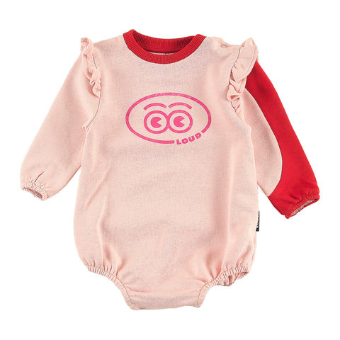 Loud Apparel Baby Girl  Romper Relaxed Fit, Ruffle Shoulder, Sleeve Colour Block Loud Eyes Logo Print Contrast Orchid Pink, Red