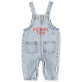 Piupiuchick Dungarees | Fadded Light Blue Denim W/ "School Trip" Print