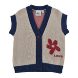 Loud Apparel Vest Relaxed Fit, Bottoned Front, Flower Motif Front/Back, Contrast Ribbing Sand, Red/Navy