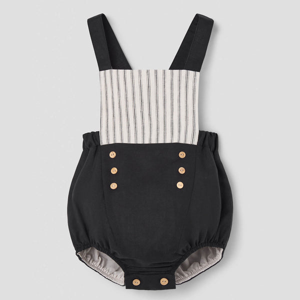 Popelin Black Linen Dungarees With Straps