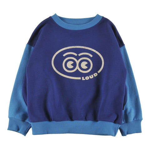 Loud Apparel Sweater Relaxed Fit, Drop Shoulder, Sleeve Colour Block Loud Eyes Logo Print Contrast Navy, Malibu