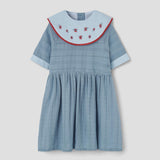 Popelin Blue Short Dress With Embroidered Bib Collar