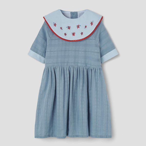 Popelin Blue Short Dress With Embroidered Bib Collar