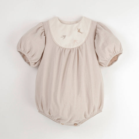 Popelin Sand Embroidered Romper Suit With Yoke