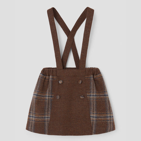 Popelin short skirt brown plaid woollen contrasting with straps