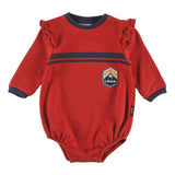 Loud Apparel Baby Girl Romper Relaxed Fit, Ruffle Shoulder, Mountain Embroidery Patch, Contrast Ribbing Red Check