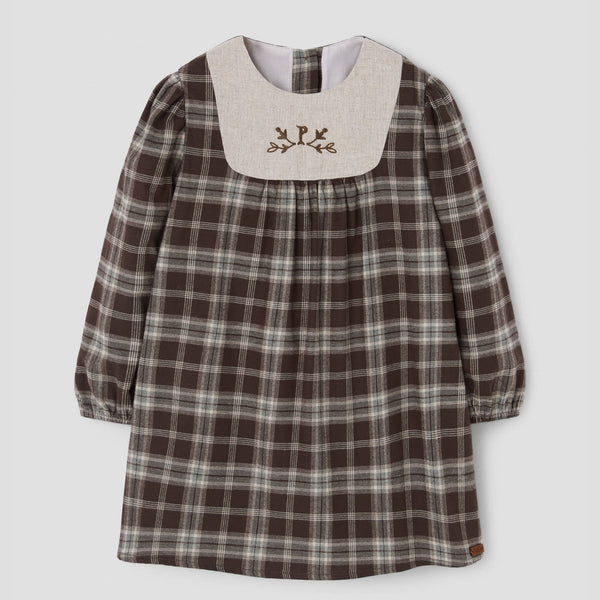 Popelin short dress brown plaid with embroidered yoke || 40.3