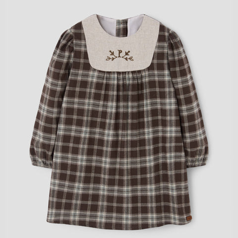 Popelin short dress brown plaid with embroidered yoke || 40.3