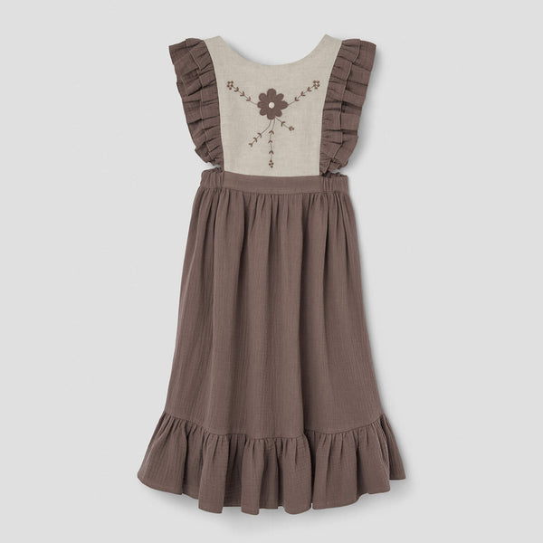Popelin Brown Dress With Embroidered Bib