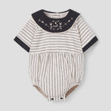Popelin Black Striped Romper Suit With Embroidered Bib Collar ||2.4