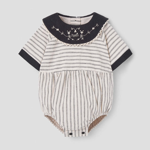 Popelin Black Striped Romper Suit With Embroidered Bib Collar