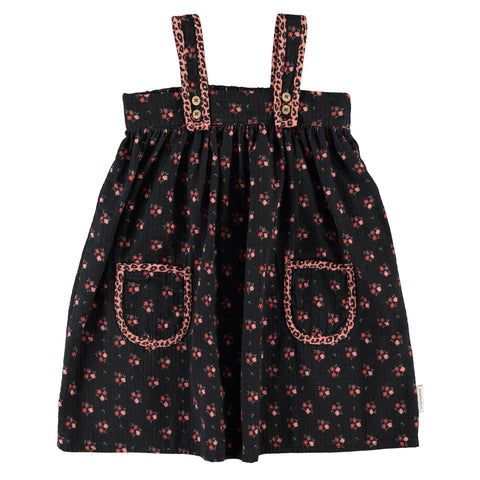 Piupiuchick Knee-Lenght Dress W/ Straps | Black W/ Flowers