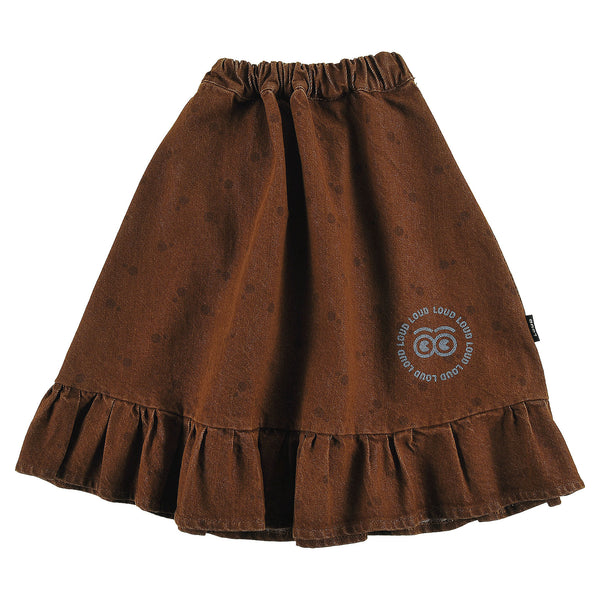 Loud Apparel Skirt Midi Below Knee, Elasticated Waist, Circle Loud Eyes Logo Print Choco, Polkadot