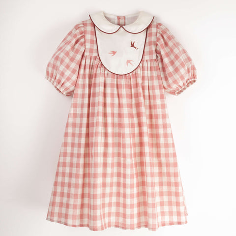 Popelin Pink Check Embroidered Dress With Yoke