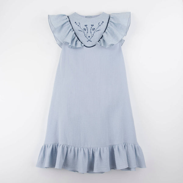 Popelin Blue Midi Dress With Embroidered Yoke