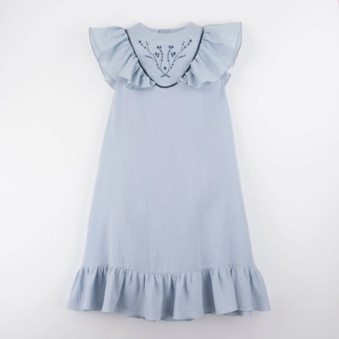 Popelin Blue Midi Dress With Embroidered Yoke