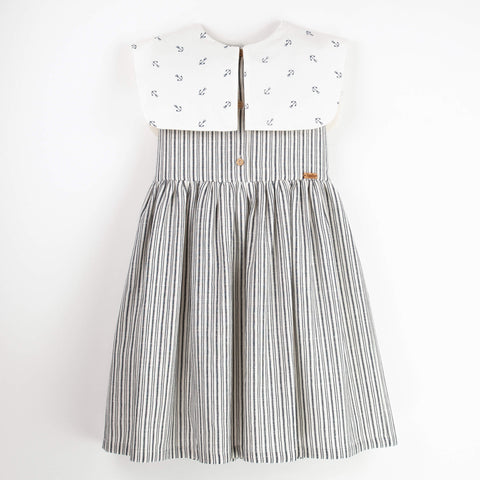 Popelin Embroidered Striped Dress With Bib Collar