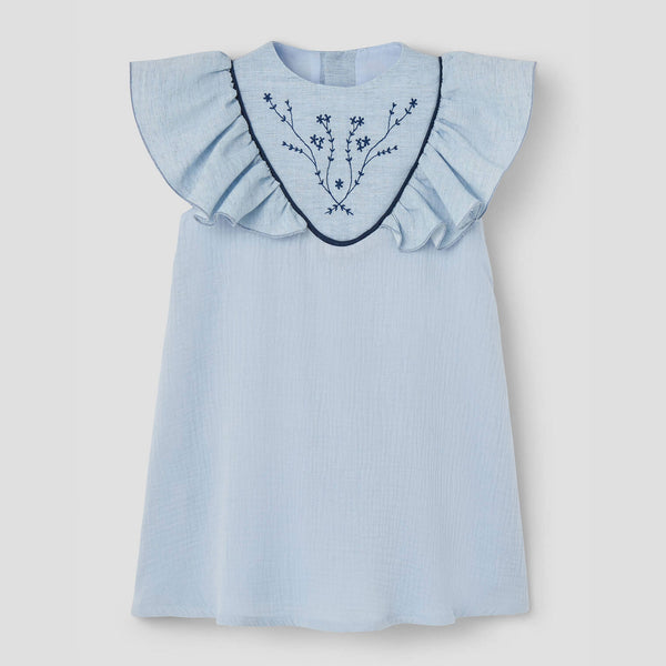 Popelin Blue Short Dress With Embroidered Yoke