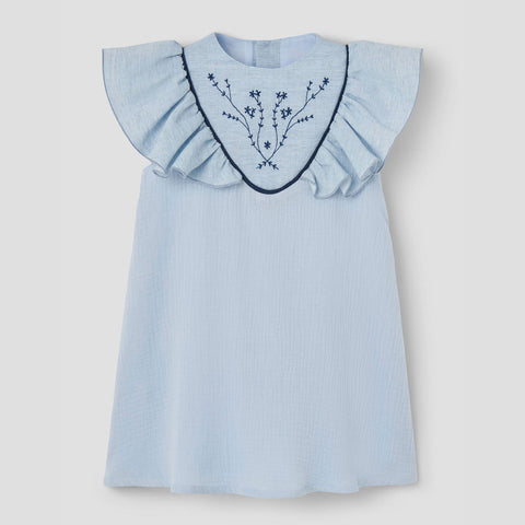 Popelin Blue Short Dress With Embroidered Yoke