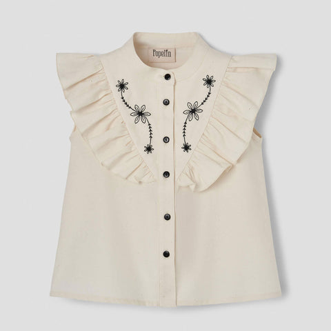 Popelin Blouse With Frill And Black Embroidered Yoke