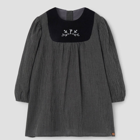 Popelin short dress black gingham with embroidered yoke || 40.4