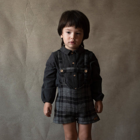 Popelin Grey Check Woollen Short Dungarees With Straps