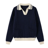 Coco Blanc Cabled Sweater with Collar Navy