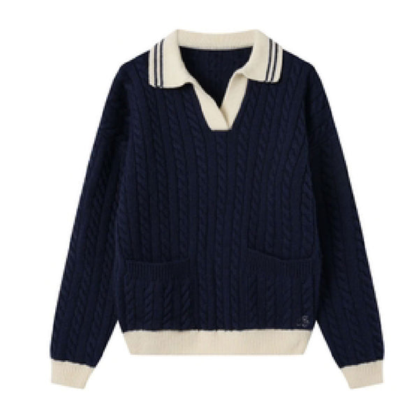 Coco Blanc Cabled Sweater with Collar Navy
