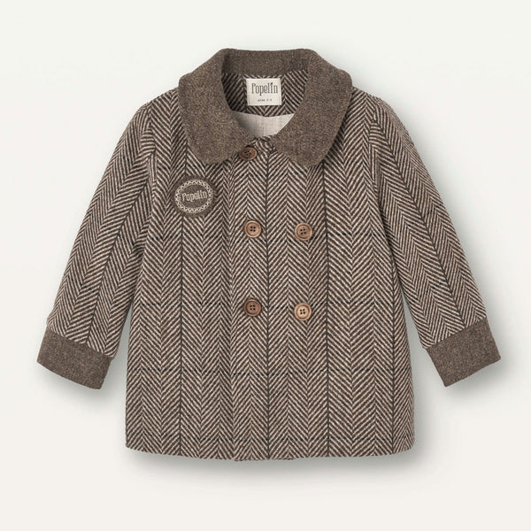 Popelin Brown Herringbone Woollen Double-Breasted Coat