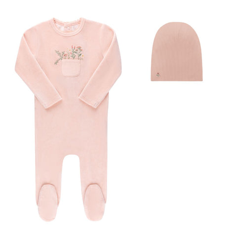 Ely’s & Co Velour Pocket Full of Flowers Collection - Pink - Footie + Cotton Beanie