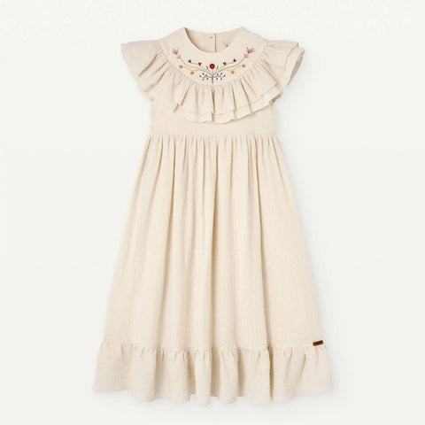 Popelin Off-White Dress With Embroidered Yoke And Frills