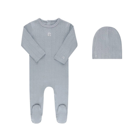 Ely’s & Co Organic Embroidered Cherry Pointelle Collection- Blue - Footie + Beanie