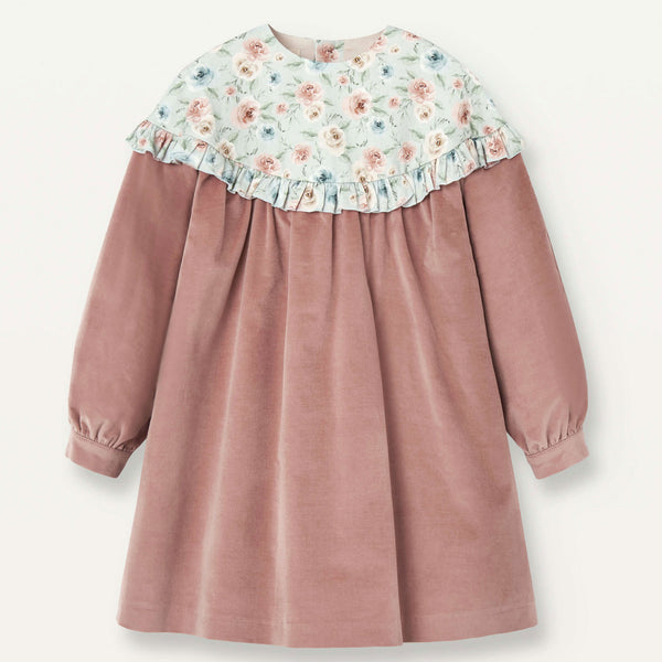 Popelin Pink Velvet Dress With Floral Yoke