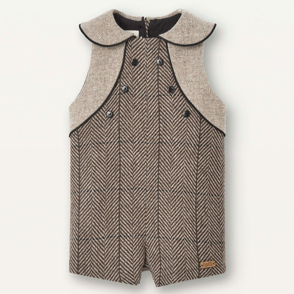 Popelin Brown Herringbone Woollen Dungarees With Baby Collar